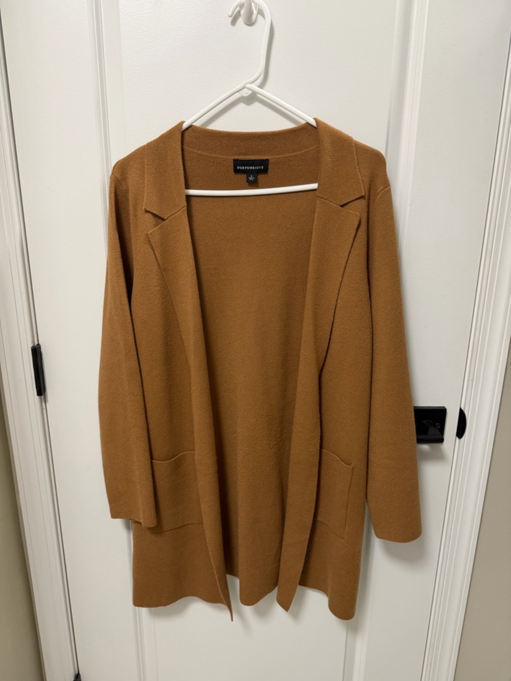 Fortune + Ivy Camel Knit Open Cardigan
